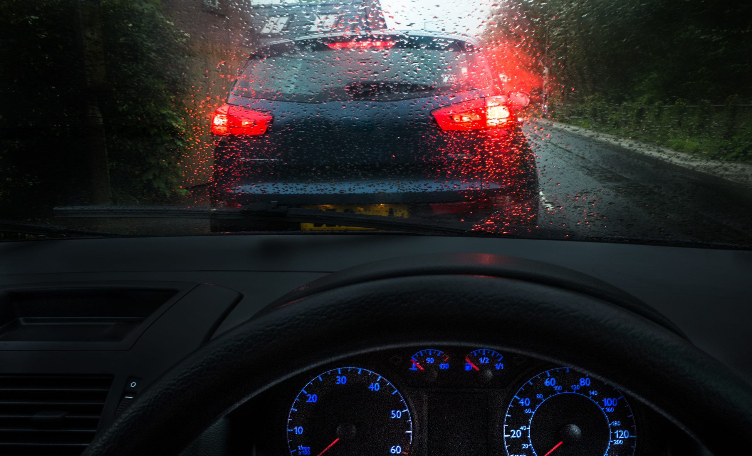 Inside of car driving in rain