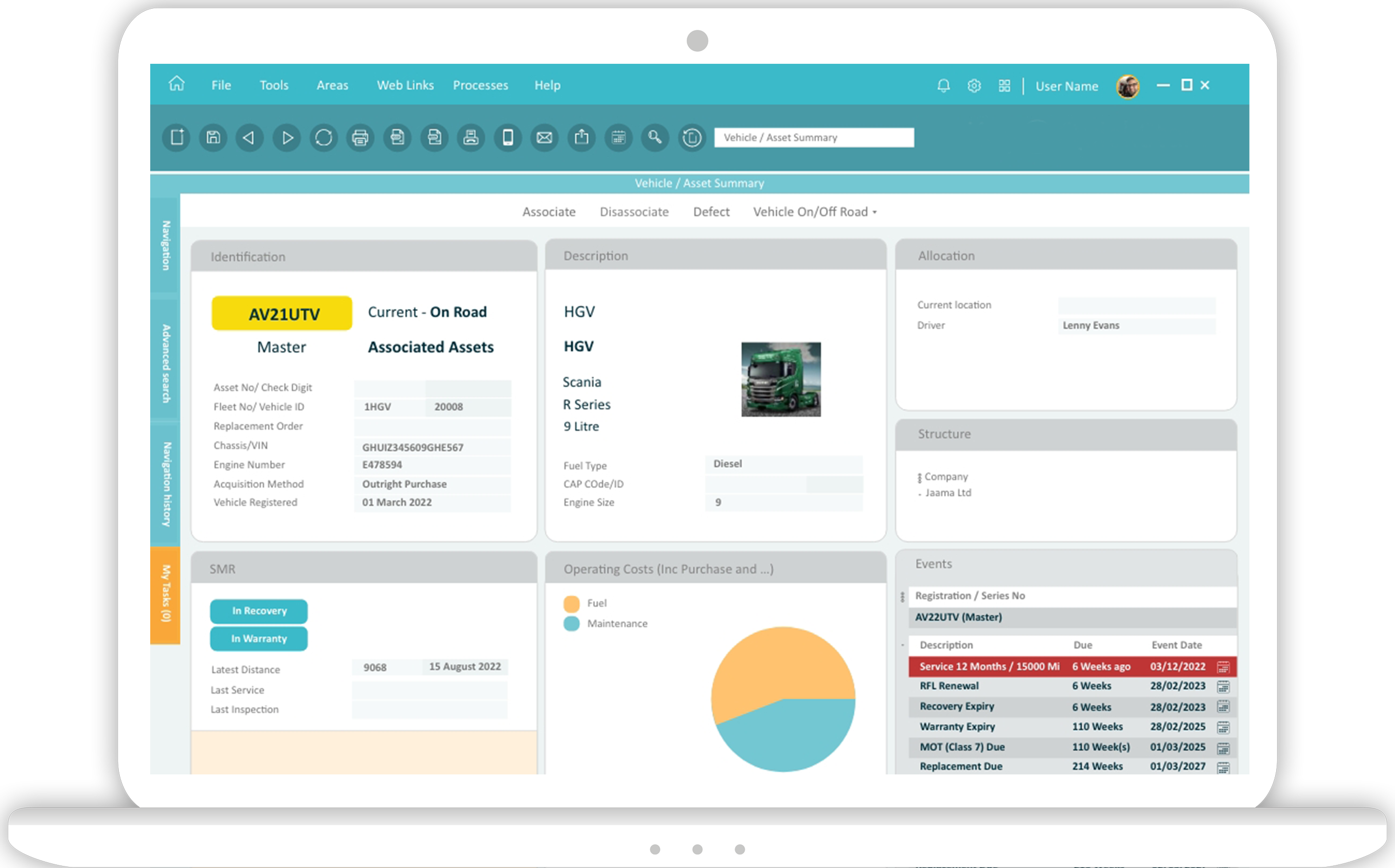 Jaama Fleet Software screen showing HGV Record