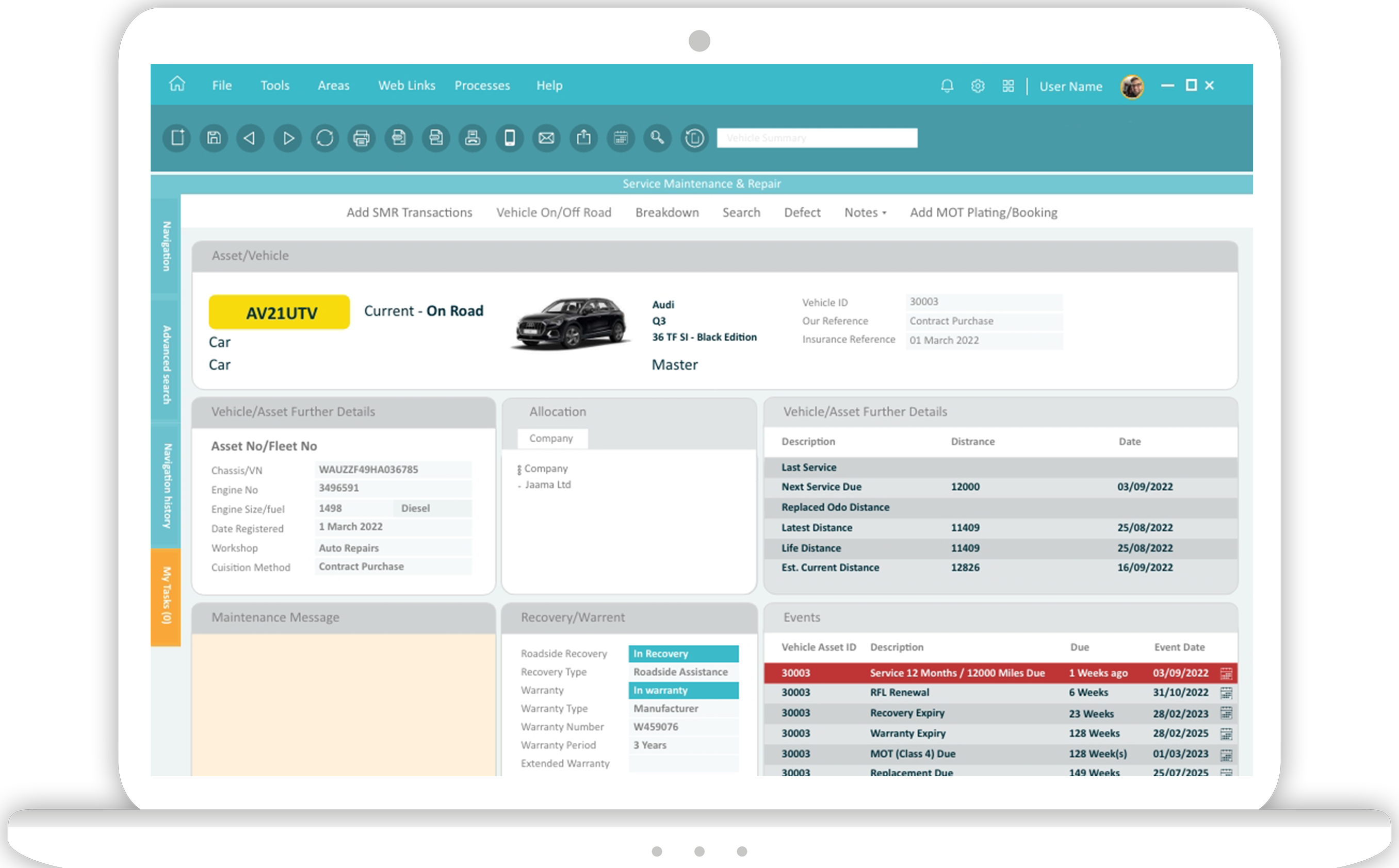 Jaama Vehicle Management Software Screen showing Service, Maintenance and Repair